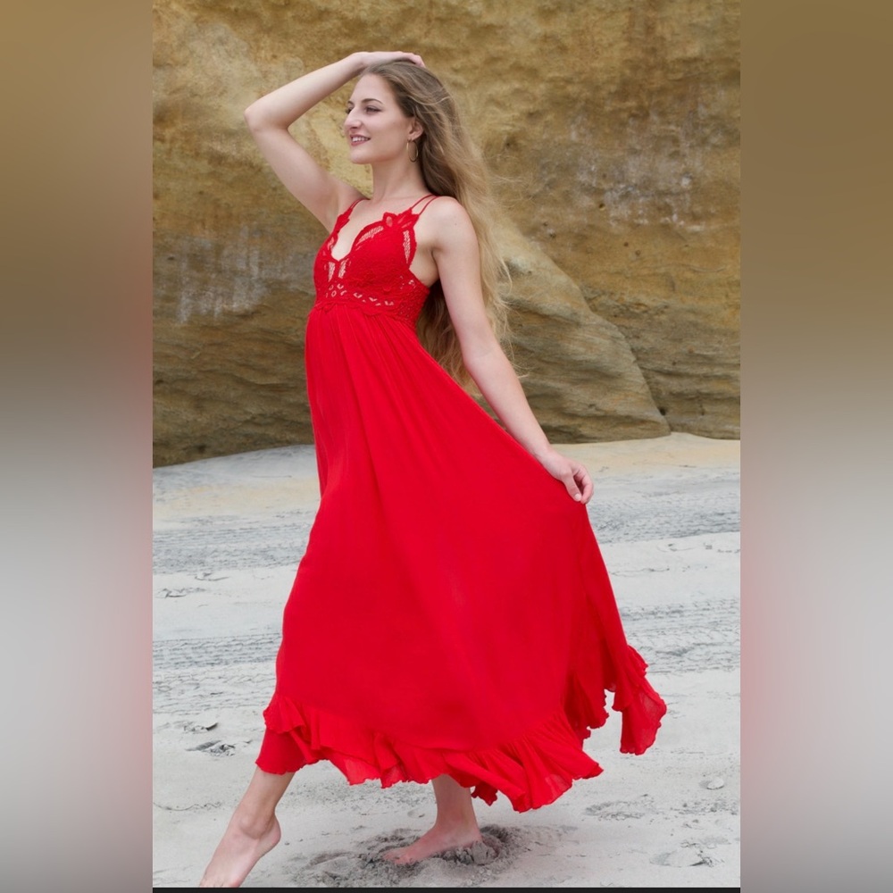 Free People Like New Adella Crochet Lace Ruffle Maxi Slip Full Length Red Dress - Picture 6 of 17